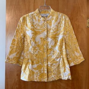 Normandy & Monroe Yellow White Print Linen Blazer Jacket Luxury Gathered Hem 10